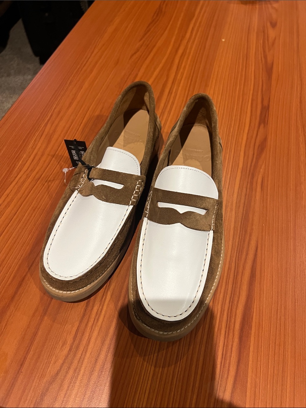 Greats Women's Two-Tone White and Brown Suede Leather Penny Moccasins